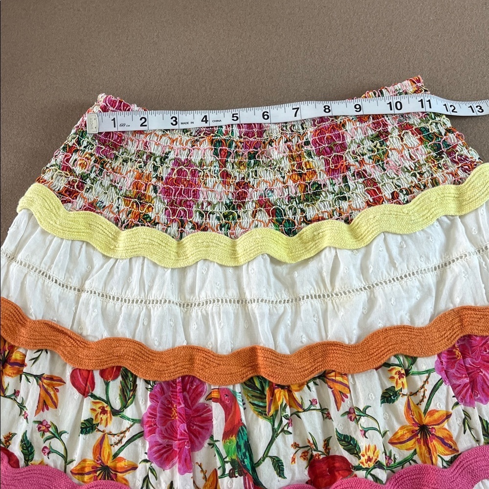 Farm Rio Toucans Garden Multi Tiered Elasticized Waist Skirt Ricrac - Small - Picture 5 of 13